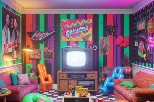 Bright neon and jewel colors of 90's style room
