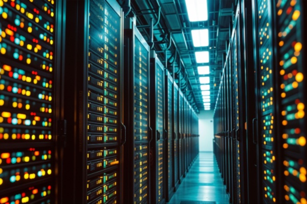 Interior hallway at data center, rows and rows of flashing blinking lights on tech devices