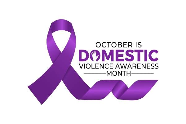 October is Domestic Violence Awareness Month with purple ribbon on white background