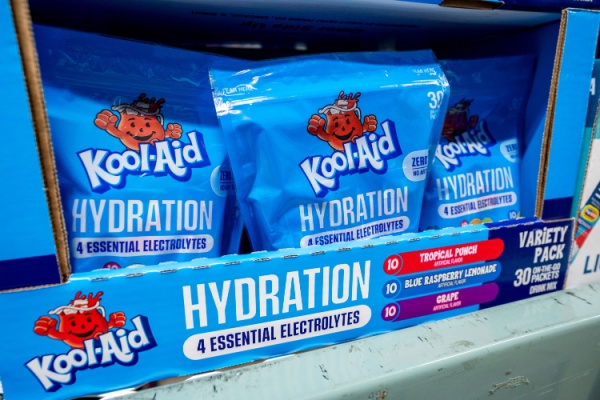 Blue packets of Kool-Aid Hydration mix on store shelf