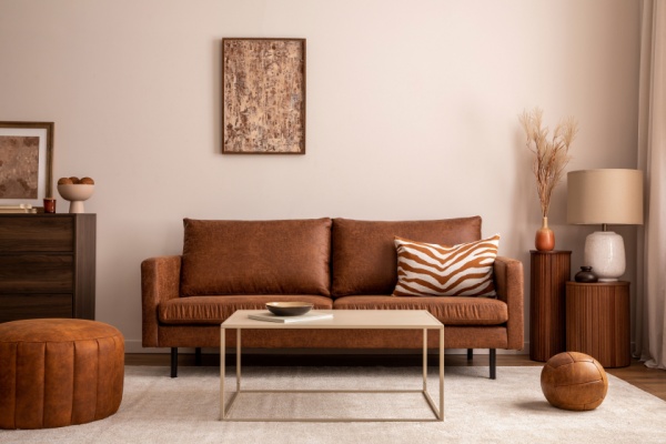 Neutrals and warm brown living room interior