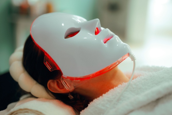Woman lying face up wearing Red Light Therapy mask