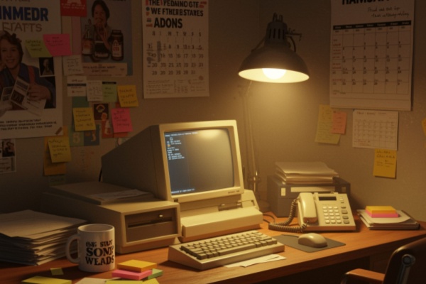 AI generated image of 90's home office with computer, keyboard, phone, coffee mug and lamp