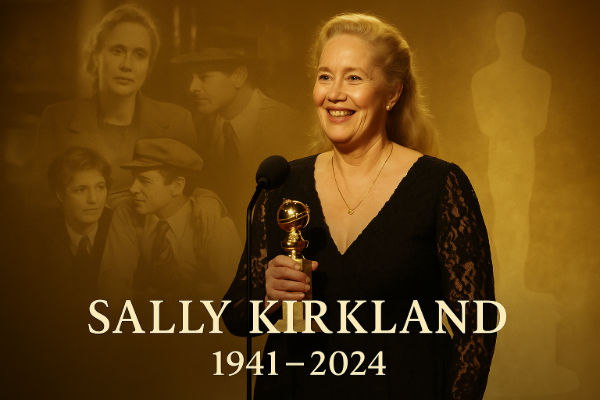 Sally Kirkland holding golden globe award