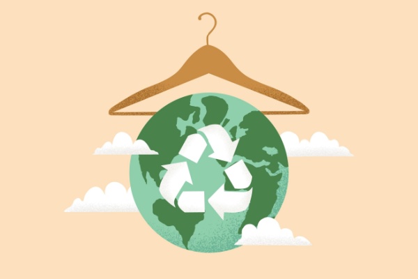 Graphic image of Clothes hanger resting on top of green planet with a recycle arrow symbol