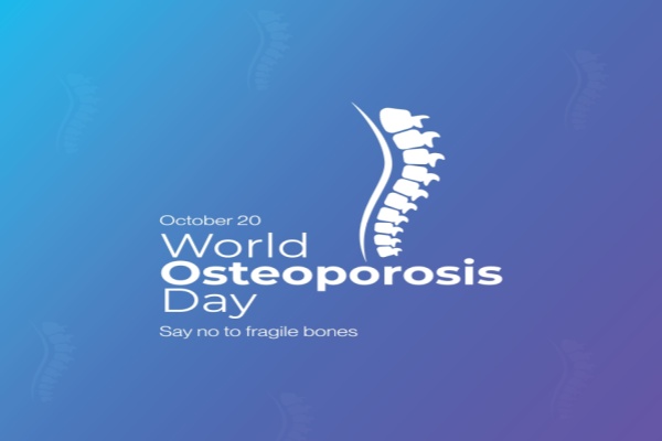 October 20 World Osteoporosis Day in white lettering on blue background neck to graphic of spinal column