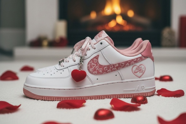 AI generated Nike Air Force 1 Low sneaker in white and pink swoosh with heart charm in front of fireplace